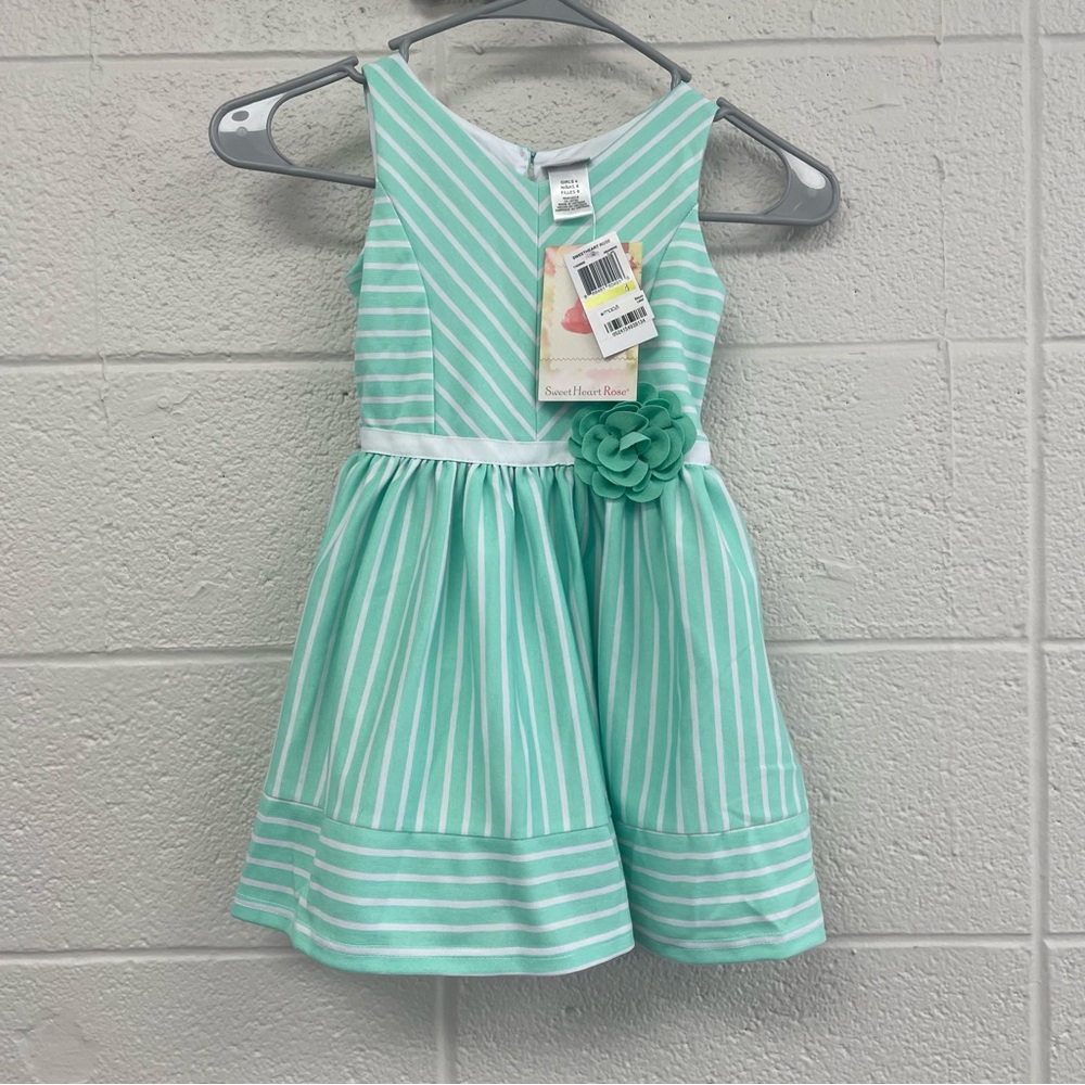 Sweet Heart Rose Aqua Striped Dress with Floral Accent